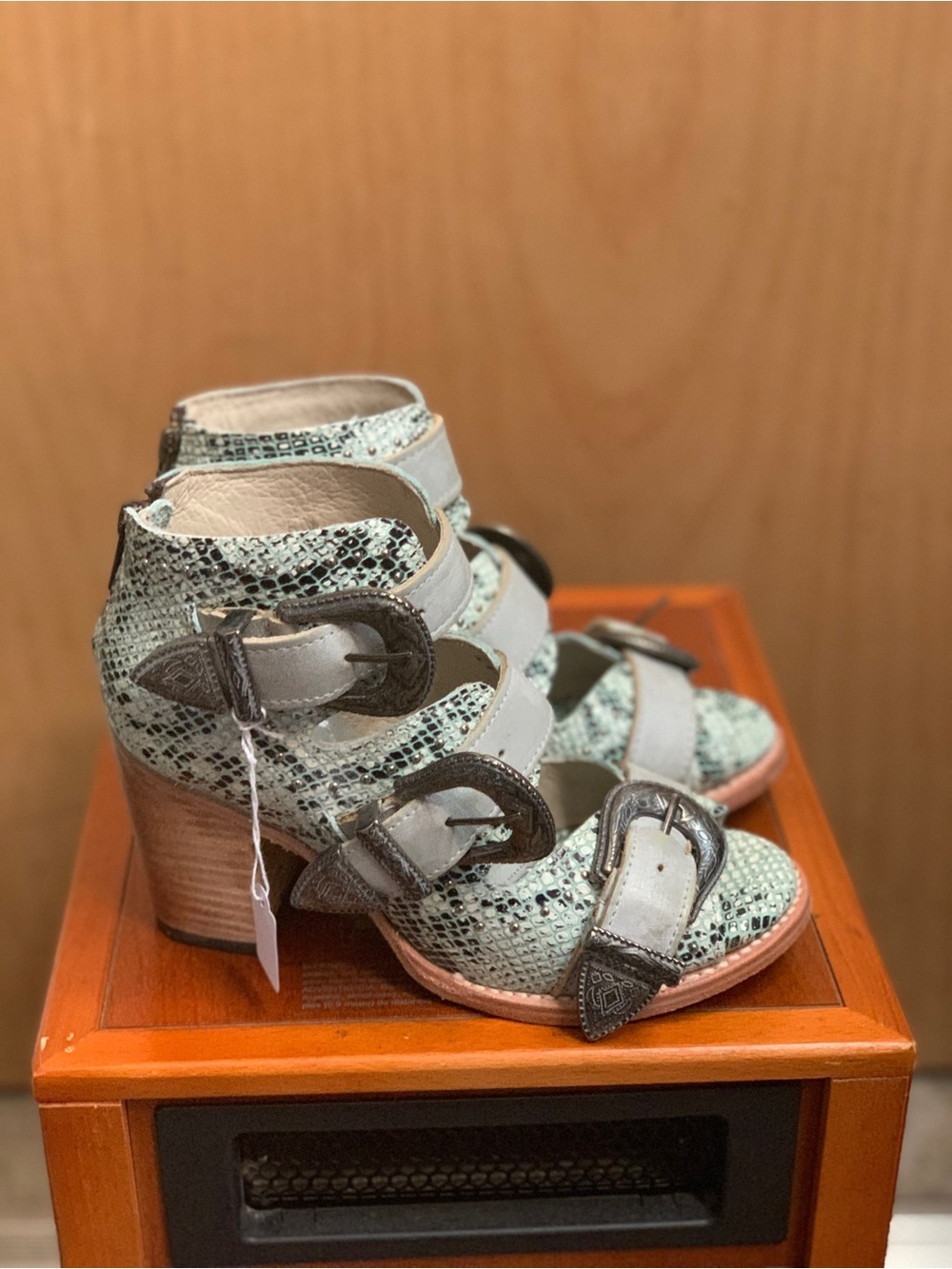FreeBird Turquoise Snakeskin Buckle Heeled Sandals Size-8 Boho Western